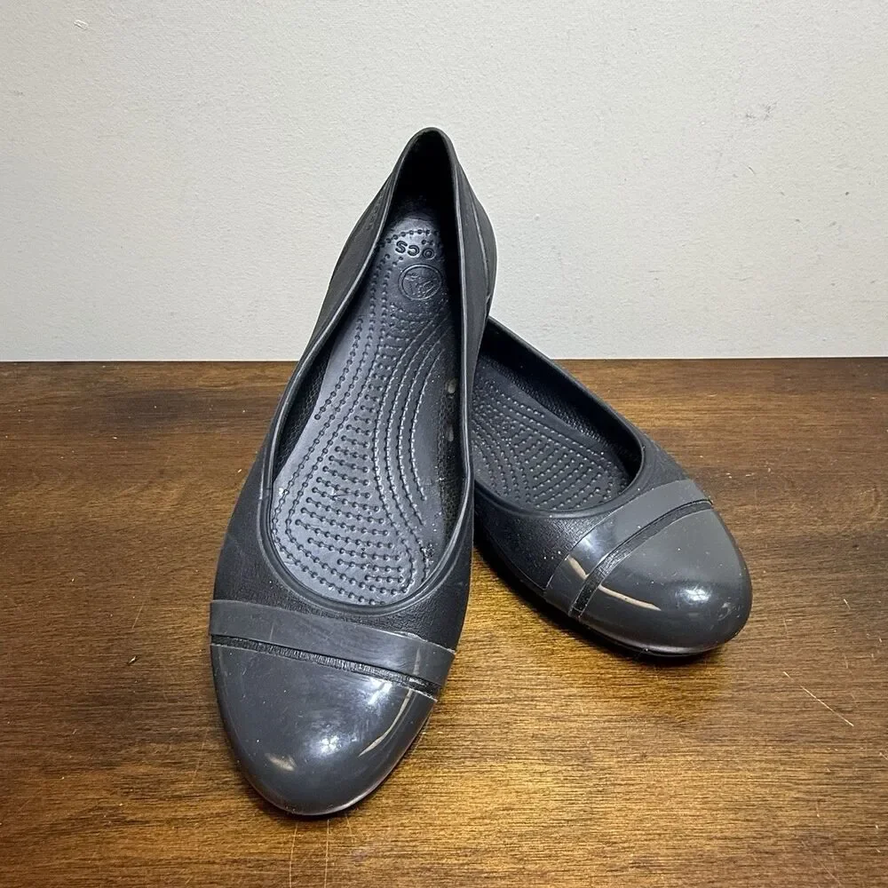 Crocs Ballet Flats Womens Sz 7 Black Rubber Slip On Cap Toe Shoes Loafers